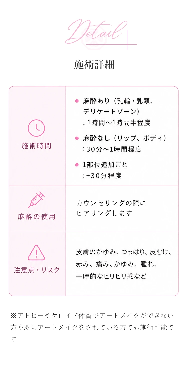 施術詳細／施術時間・麻酔の使用・注意点とリスク｜アトピーやケロイド体質でアートメイクができない方も施術可能です