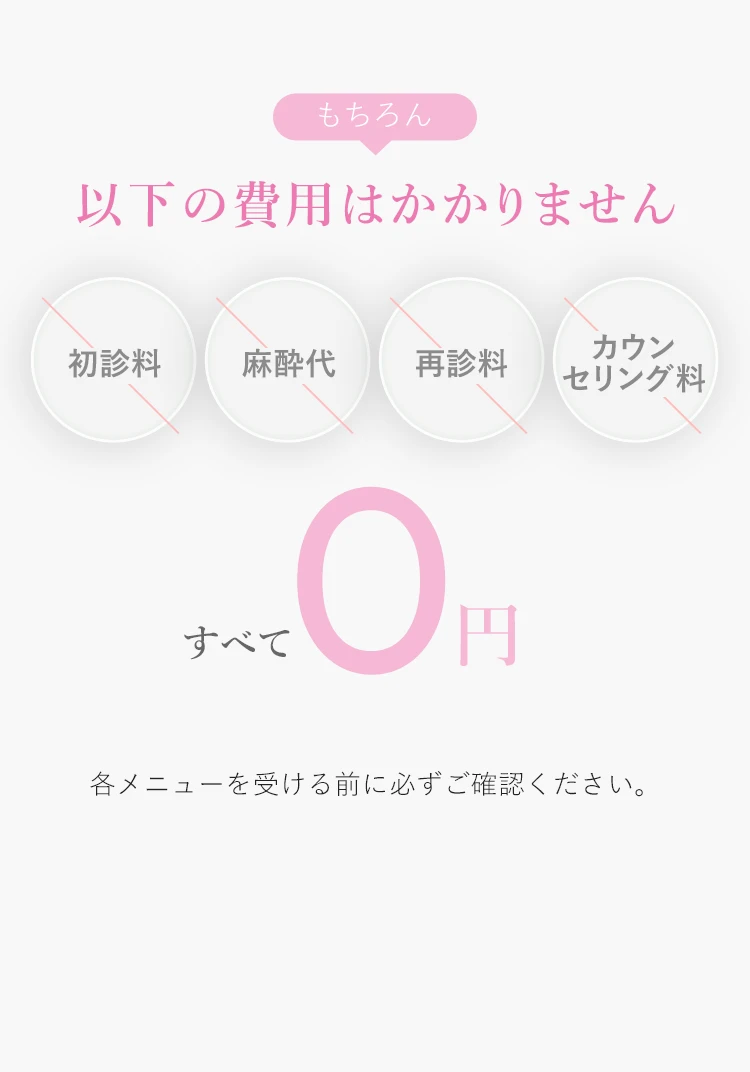 もちろん以下の費用はかかりません。初診料・麻酔代・再診料・カウンセリング料すべて0円