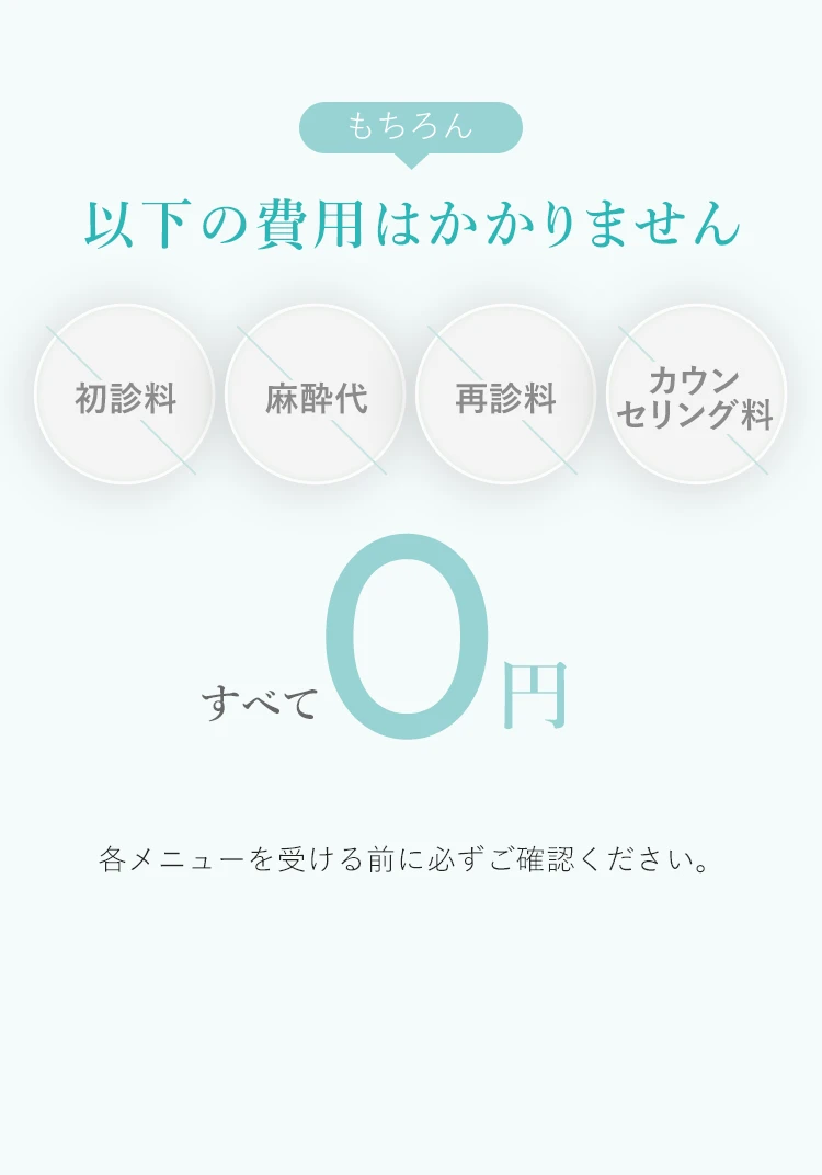 初診料・麻酔代・再診料・カウンセリング料すべて0円